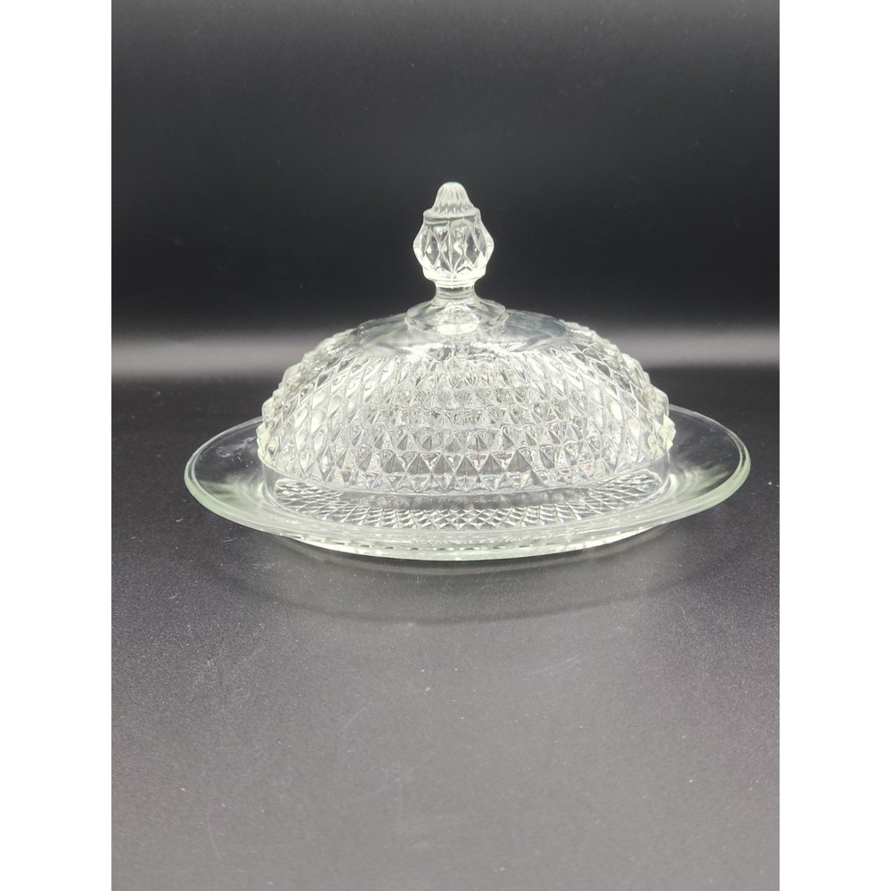 Vintage Indiana Glass Diamond Point Oval Covered Butter Dish Clear Domed Lid